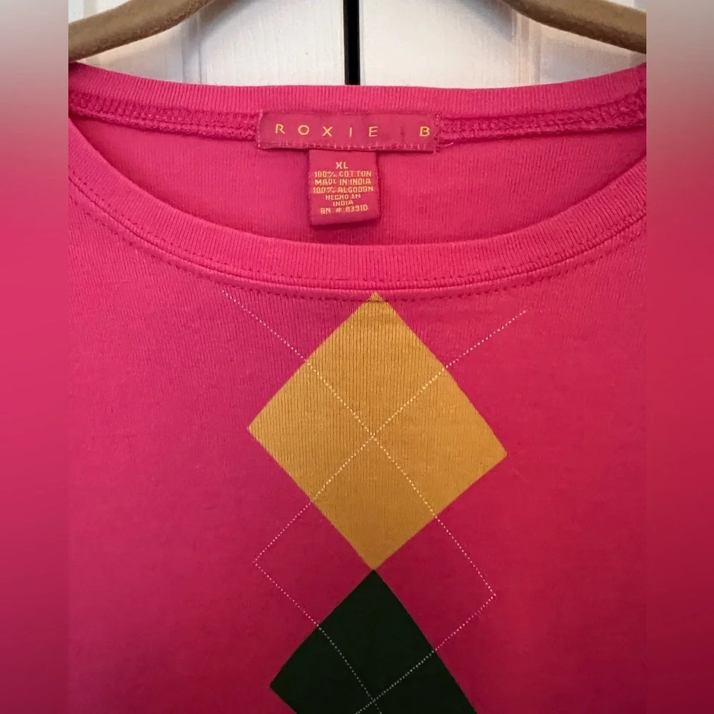 Roxie B Pink Argyle Long Sleeve Cotton Top EUC Size XL - Picture 2 of 7